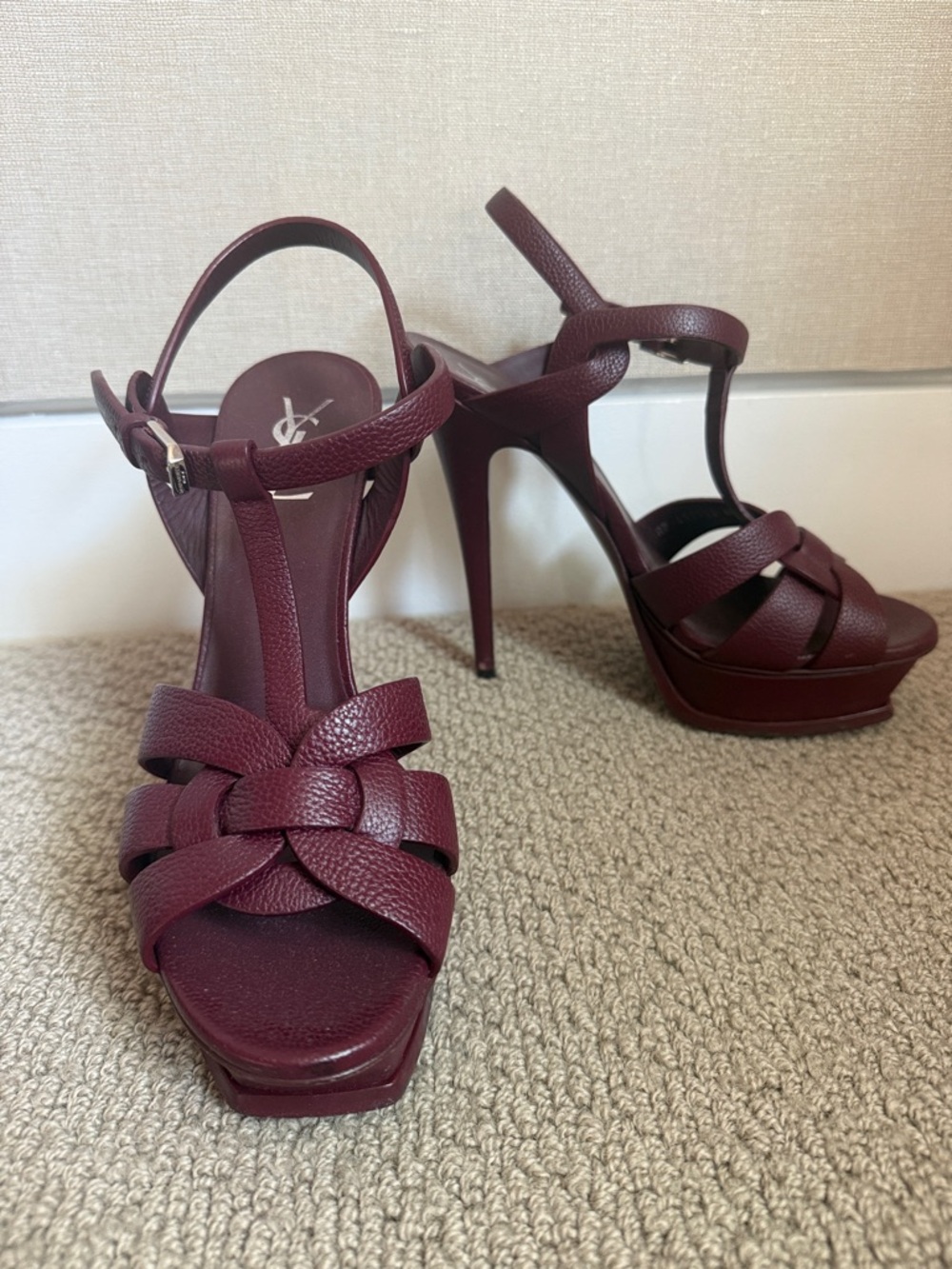 Saint Laurent Burgundy Leather Woven T-Strap Heels - Picture 2 of 7